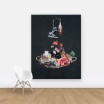 Acrylic and velvet flock painting of a tray with meat, beer, a gun, flowers and other items with a dead bird and sneakers suspended above hung on wall