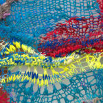 A detail of a cacophonous composition in multi-colored fibers stretched across a redwood frame as one would stretch a painting. The fibers are knit at varying thicknesses so that in places one can see through the stitches to the wall behind. The composition has a wave-like pattern with many fractal fields of varying colors
