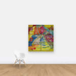 An organic composition in multi-colored fibers stretched across a redwood frame as one would stretch a painting. The fibers are knit at varying thicknesses so that in places one can see through the stitches to the wall behind installed on wall