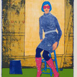 Multi colored print of woman on stool