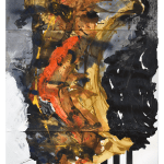 Abstract painting with grey on the edges and swaths and stripes of paint in the middle