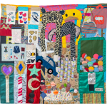 Fabric quilt that depicts a toy store in South Korea