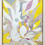 Abstract painting in white and gray with yellow and purple