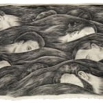 Graphite on canvas drawing of multiple light skinned male human heads sinking in waves