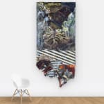 View on wall of irregular rectangle with abstract painting featuring layers of blue, green, and blue 3D elements