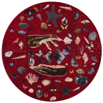Red tondo with hands, eyes, butterflies, and seashells