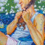 Man with long braid and nurse tattoo sitting dockside