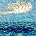 Painting of choppy blue water with white cirrus cloud overhead