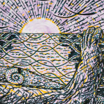 Detail shot of woman with birds of foot shells and sun over water