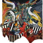Irregular square with abstract painting featuring layers of red, green, and while 3D elements