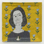 A portrait made of thin strips of colored tin featuring a woman in a yellow room decorated with blue flowers