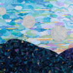 Purple and blue paper collage with moon in the sky