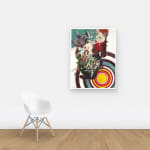 Multicolored abstract painting on paper with washes, stripes, and globs on a wall