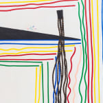 Detail image of a trapezoidal canvas with black edges and telescoping, multicolored squares with dangling wavy lines