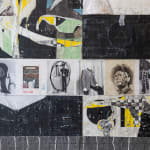 Detail of collage of images and clothing items in a gridlike fashion