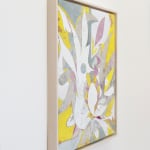 Side view of abstract painting in white and gray with yellow and purple on showing side of white wood frame