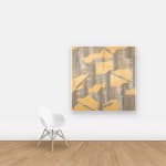 Staples on wood assembled in an abstract formation hung on wall