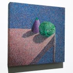 pointillist rendering of a cabbage and eggplant on a table