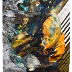 Irregular rectangle with abstract painting featuring layers of blue, green, and black