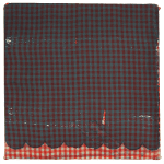 Abstract painting that uses a dark tone over fabric with a red and white checkerboard pattern