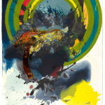 Multicolored abstract painting on paper with washes, stripes, and globs