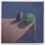 pointillist rendering of a cabbage and eggplant on a table