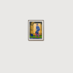 Multi colored print of woman on stool