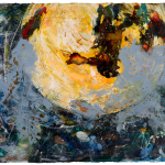 Partial yellow circle covered by blue layers in an abstract formation