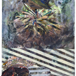 Irregular rectangle with abstract painting featuring layers of blue, green, and blue 3D elements