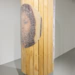 Round freestanding wood sculpture with an image of a female figure adhered to the surface and obscured by thousands of clear push pins