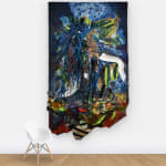 View on wall of blue irregular shaped abstract painting