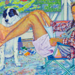 Man with braids lounging on chair with black and white dog