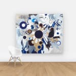 View on wall of abstract collage created from cut-up paintings and studio detritus