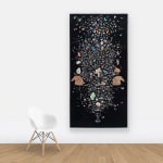 A constellation of crystals, butterflies, geodes, African sculpture, and human motifs intercut with leafy cut-outs hung on wall