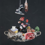 Acrylic and velvet flock painting of a tray with meat, beer, a gun, flowers and other items with a dead bird and sneakers suspended above