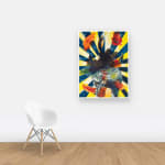 Multicolored abstract painting on paper with washes, stripes, and globs on a wall