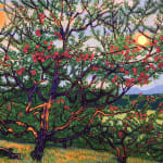 A bright rendering of a tree filled with apples under a sky with two suns
