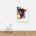 Multicolored abstract painting on paper with washes, stripes, and globs on a wall