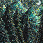 Green painting of moon shining over mountains and spruce trees