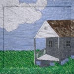 A house sitting under a cloudy sky on a grassy field made from strips of colored tin.