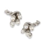 RENE BOIVIN, A pair of cultured pearl and diamond ear clips, 1950s