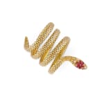A ruby and diamond articulated yellow gold snake bracelet
