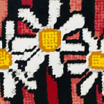 Detail of striped needlepoint painting with daisys against white wall