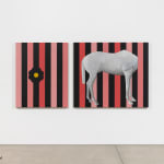 Scale of figure standing near two panel painting of headless horse against striped background on white wall