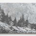 a black and white forest landscape on a small panel on a white wall