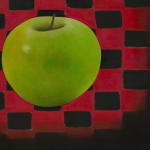 Detail of Graphic painting of green apples on red and black checkerboard on black background