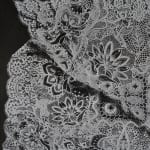 a detail of a lace doily on a black panel on a white wall