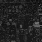 a detail of a black and white panel drawing of how to draw a tea cup on a white wall
