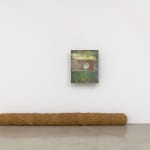 Karyn Olivier's sculpture, a photographic print mounted on the wall with metal pipes, on the floor is a large coconut husk log