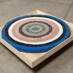 Karyn Olivier's sculpture, a bullseye created with layers of found material placed in a wooden box on casters